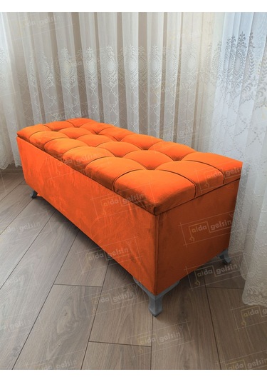 Çizgi Kapitoneli Sandıklı Puf 90 Cm Gümüş Ayak Turuncu