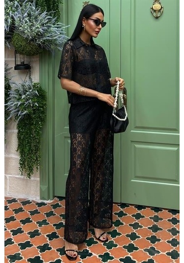 Pantolonu Astarlı Dantel İkili Takım 10119 Si Yah