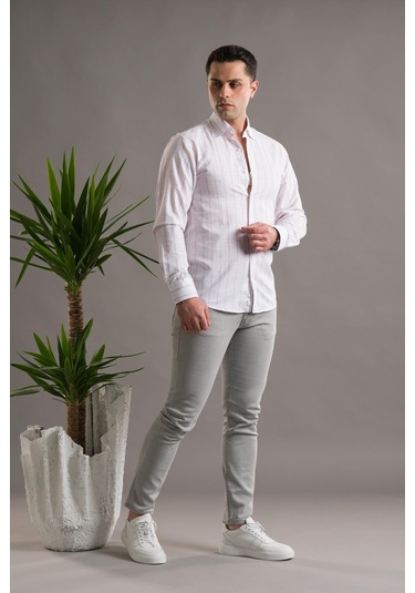 Evrytime Slimfit Pamuklu Çizgili Yaka Düğmeli Uzun Kol Erkek Yazlık Gömlek 001