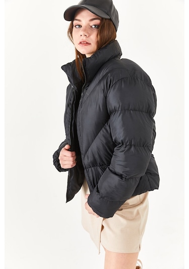 Alisse-kadın Siyah Dik Yaka Kısa Şişme Mont Siyah