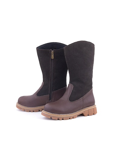 Rakerplus Hakiki Deri Kahverengi Fermuarlı Uzun Kız Çocuk Çizme Kahverengi