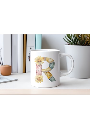 R Harfli Retro Çiçekli Kupa Bardak - Patchwork Tarz Yamalı Desenli İsme Özel Kupa - Hediye 07 Beyaz