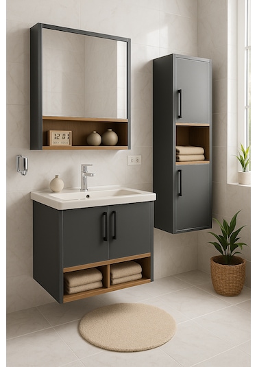 Dmz Home Concept Legna 65 Cm Antrasit Ahşap Mdf Banyo Dolabı Seti Antrasit - Meşe
