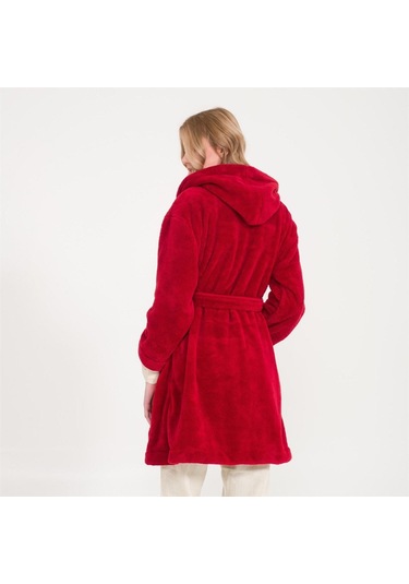 Welsoft Kapüşonlu Peluş Kadın Sabahlık Bordo
