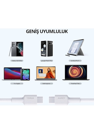 Aukey Cb-cd45-wh Pd Naylon Örgülü Type-c Type-c Şarj Kablosu 0.9m