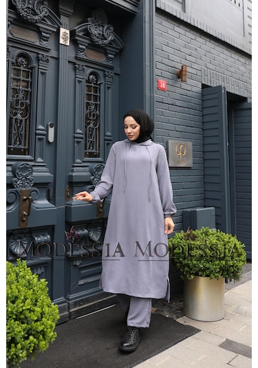 Kadın Gri Aerobin Uzun Kapşonlu İkili Takım T0222 Gri