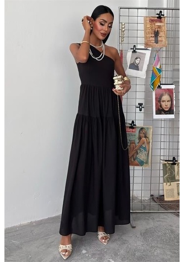 Tek Omuzlu Pile Detay Maxi Elbise 2895 S