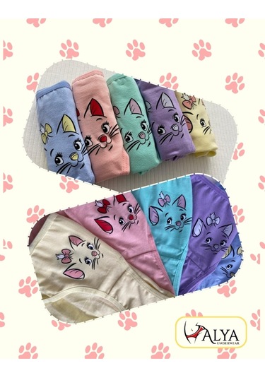 Alya Underwear Kedi Baskılı Pamuklu Kız Çocuk Külot, Renkli Slip Külot Çok Renkli P61