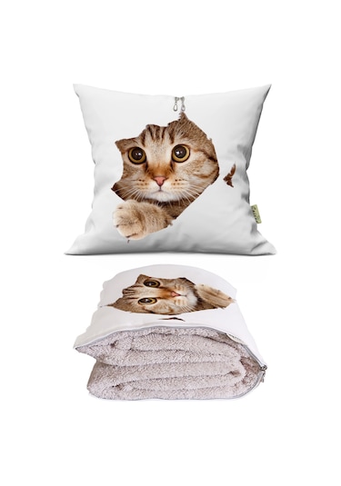 Sevimli Kedi Desenli İç Dolgusu Battaniyeli Araç İçi Opsiyonel Yastık 36x36cm