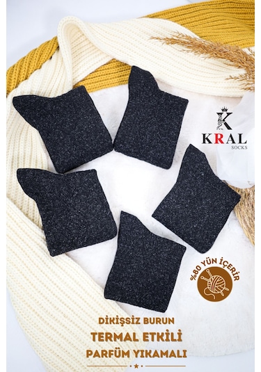 Kral Socks Erkek Kışlık Termal Etkili 5'li Paket Lambswool Kuzu Yün Çorap Siyah