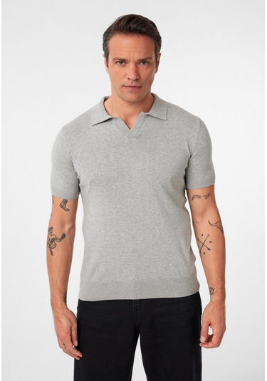 Gerhard Erkek Regular Fit Triko Polo Yaka T-shirt Gri Melanj