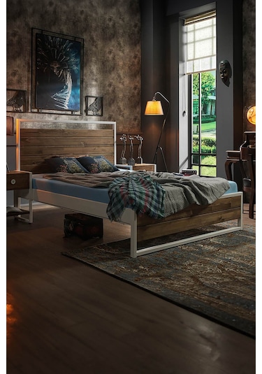 Ariane Ahşaplı Çift Kişilik Metal Karyola Beyaz Ahşap Latalı