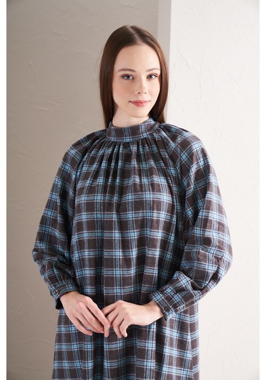 Boynu Büzgülü Elbise Küçük Kareli Kahve Lacivert Kahverengi - Lacivert