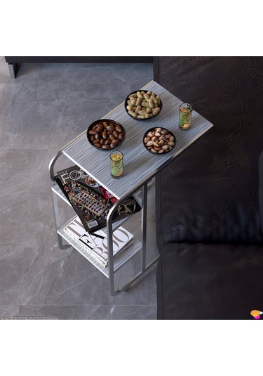 Modilayn C Yan Sehpa Dar Boy Tekerlekli Çalışma, Atıştırmalık, Yemek, Laptop Sehpası Beyaz Çizgili Beyaz