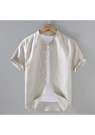 Zeeshant Pamuk Keten Erkek Kısa Kollu Gömlek Yaz Streetwear M-3xlbejerkek Bej