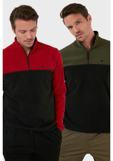 Buratti Regular Fit Anti-Pilling Tüylenme Yapmayan Dik Yaka Şardonlu 2'Li Paket Erkek Polar 5906016S2 Bordo-Haki