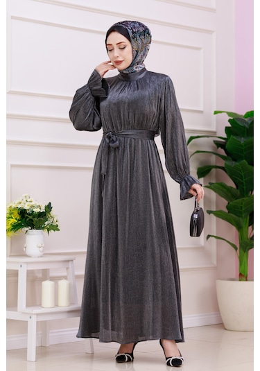 Kolu Volanlı Simli Alya Abiye-antrasit-4874
