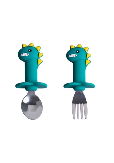 Geeroyoo Bebekler İçin Dinozor Temalı Silikon Kaşık Ve Çatal Seti - Yeşil, Toksik Olmayan, Hafif Ve Pratik