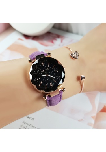 Kadın Saat Seti Bilezik Moda Aydınlık Eller Dişli Hareket Retro Kuvars Kol Saati Mor Diğer
