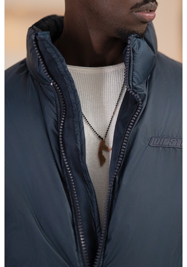 Oversize Bol Kesim Dik Yaka Fermuar Kapamalı Şişme Mont Lacivert