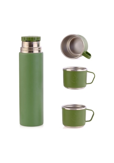 304 Paslanmaz Çelik 3 Bardaklı Termos Seti Çay Kahve Piknik Kamp Yeşil Yeşil