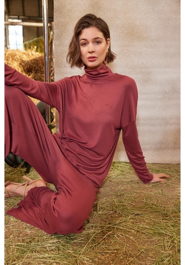 Monamise Kadın Balıkçı Yaka Çizgi Desenli Alt Üst Takım 21133 Kiremit