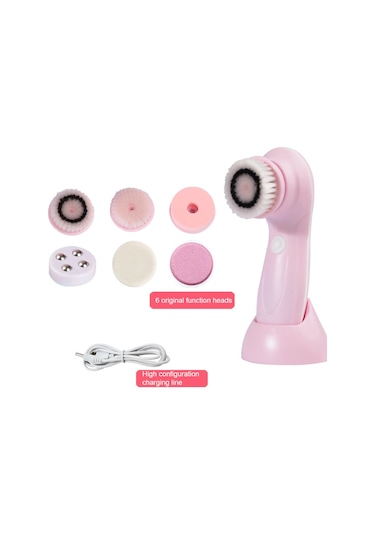 Hangfox Usb Şarjlı 6'lı Yüz Temizleme Aleti Seti - Dürtmeyelik Fırçalalar, Masaj Ve Makyaj Temizleme - Su Geçirmez, 3 Seviye, Batarya İle - Gül Renkli