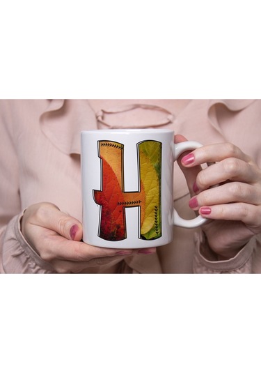 H Harf Yaprak Renkleri İle Kupa Bardak - Kişiye Özel Alfabe Harfli Bardak - Hediye Beyaz