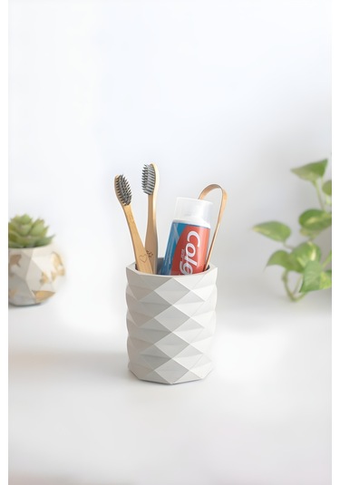 Dekoratif Geometrik Kalemlik Modern Beton Organizer Vazo Saksı Diş Fırçalık Ofis Düzenleyici Beyaz