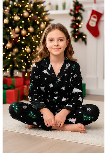 Kız Çocuk Pijama Takımı-%100 Pamuk Süet -12449 Siyah