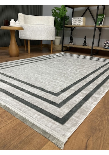 Saraz Halı Çerçeve Model Bambu Yıkanabilir Parlak Halı Gri Çizgi Gri-gri