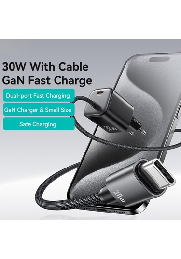 Usams Cc264 Gan Hızlı Şarj Cihazı Bloğu 30w Çift Bağlantı Noktalı Duvar Şarj Cihazı, C Tipi Kablo , Ab Tak Siyah