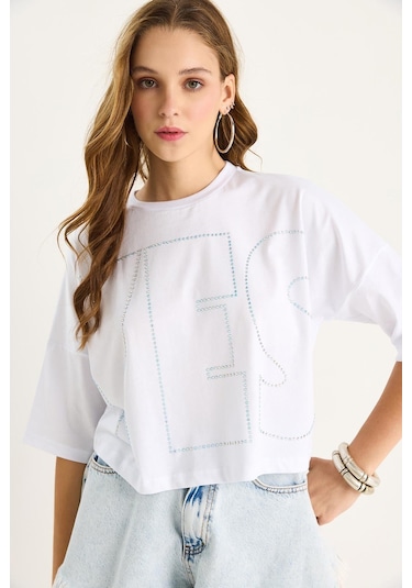 Shade Bisiklet Yaka Taş Baskılı Basic Salaş T-shirt 60602061 - Beyaz