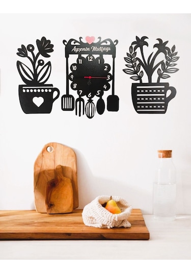 Mutfak Duvar Saati 3lü Set Kişiye Özel İsimli Siyah