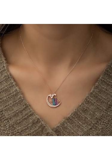 Ay Üstünde Oturan Aşık Çift Kedi Kolye Gümüş Kolye