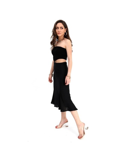 Etek Midi Boy Saten Beli Lastikli - Antrasit-antrasit Antrasit