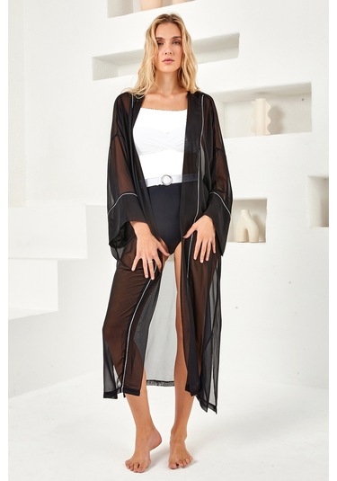 Lapieno Mayo Üzerine Tek Pareo Kimono 4829 Siyah Siyah