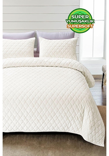Evlen Home Kapitone Kadife Yatak Örtüsü Seti Çift Kişilik Supersoft 3 Parça Yumuşak Elyaf Dolgulu Krem Krem
