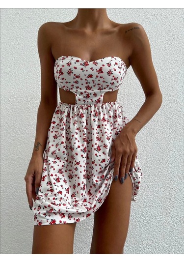 Straplez Elbise Baskılı Beyaz