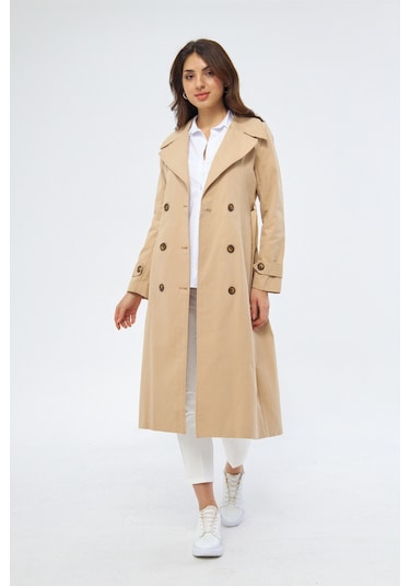 %100 Pamuk Ekstra Uzun 120cm Kruvaze Kadın Trençkot 1121 Açık Bej