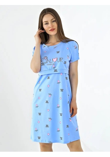 A Mamocka Kısa Kollu, Desenli Triko Gece Gömleği 111373954 Açık Mavi