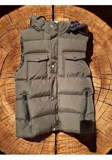 Çocuk Kapüşonlu Cep Detaylı Şişme Kalın Yelek-15008 Haki