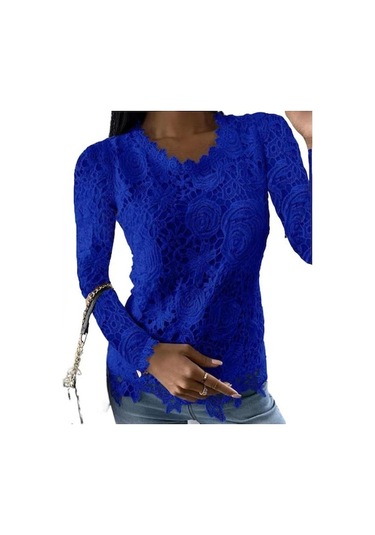 Novahub Gmxıa Kadın Modası Rahat Yazlık Düz Renk Baskılı Uzun Kollu O-yaka Bluzlar Ve Gömlekler Mavi Mavi