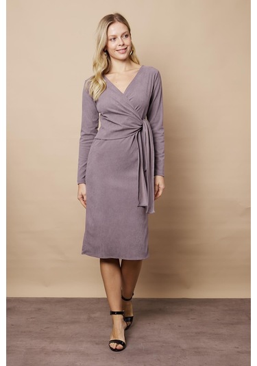 Kadın Kadife Kumaş Kruvaze Anvelop Bağcıklı Uzun Kol Diz Altı Elbise-gri Gri