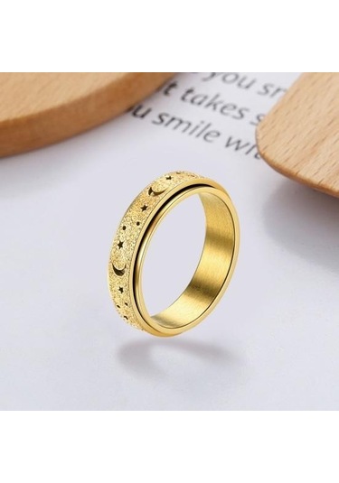 Altın Kadın Erkek Yüzük Ay Yıldız Fidget Spinner Yüzük Anti Stres Paslanmaz Çelik Çiftler Dönen Yüzük Takı Hediye Us 6 Altın