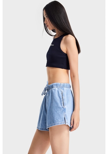 Itsbasic Kadın Mavi Renk 1s5-4 Mini Boy Bol Kesim Beli Lastikli %100 Koton Denim Şort