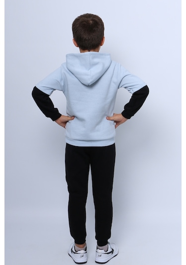 Erkek Çocuk 3 İplik Eşofman Takımı Baskılı Kapşonlu D32 Mavi