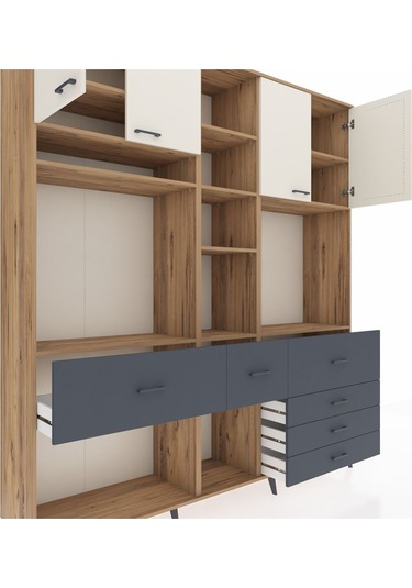 Hyperion Dolap 11 Raflı 6 Çekmeceli 4 Kapaklı 220x44x243 Çam-aytaşı/antrasit Aytası/antrasıt