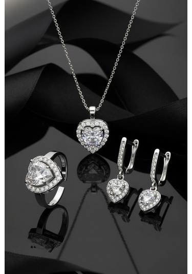 925 Ayar Zirkon Taşlı Rodyum Pırlanta Işıltılı Kalp 3'lü Gümüş Set-takım Ayarlanabilir Gümüş