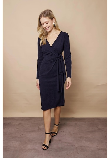 Kadın Kadife Kumaş Kruvaze Anvelop Bağcıklı Uzun Kol Diz Altı Elbise-lacivert Lacivert
